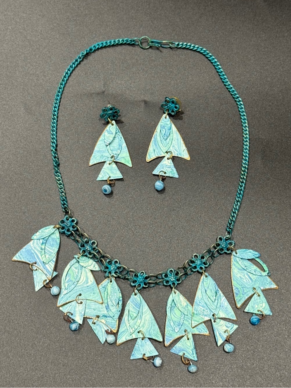 80s Vintage Mobile Fish Handcrafted Teal Green‎ Statement Necklace & Earring Set